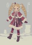  1girl absurdres beatrice_(re:zero) blonde_hair blue_eyes blush boots bow brown_bow brown_footwear capelet commentary_request crown dress drill_hair full_body fur-trimmed_capelet fur-trimmed_dress fur_trim highres iwamushi long_hair long_sleeves looking_down mini_crown mittens pantyhose re:zero_kara_hajimeru_isekai_seikatsu red_capelet red_dress sidelocks solo standing striped striped_legwear symbol-shaped_pupils translation_request twin_drills twintails 