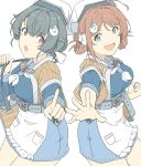  2girls :o ahoge apron bandana bangs black_hair blue_eyes blue_sailor_collar braid breasts brown_hair brown_shawl chougei_(kancolle) eyebrows_visible_through_hair hair_between_eyes hair_ornament hair_ribbon hair_rings highres hip_vent jingei_(kancolle) kantai_collection large_breasts long_sleeves multiple_girls ninimo_nimo open_mouth red_eyes ribbon sailor_collar shawl simple_background waist_apron white_apron white_background white_headwear white_neckwear 