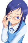  1girl adjusting_eyewear blue_eyes blue_hair blue_ribbon blue_vest bonnie_(rsg) braid closed_mouth collared_shirt cum cum_on_eyewear cum_on_hair dokidoki!_precure dress_shirt facial frown glasses hishikawa_rikka long_hair long_sleeves neck_ribbon precure red-framed_eyewear ribbon shiny shiny_hair shirt simple_background solo upper_body vest white_background white_shirt wing_collar 