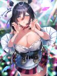  1girl absurdres animal_ears apron bangs black_hair black_legwear blowing_kiss blue_eyes breasts choker cleavage collar comichipota confetti dress ear_ornament eishin_flash_(umamusume) hands_up highres horse_ears horse_girl large_breasts leaning_forward legs_together looking_at_viewer maid_apron solo stage stage_lights thighhighs thighs umamusume 