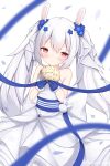  1girl animal_ears azur_lane bangs bare_shoulders blurry bouquet bow collarbone commentary_request depth_of_field dress eyebrows_visible_through_hair fake_animal_ears flower gloves hair_between_eyes hair_bow hair_flower hair_ornament hair_ribbon highres holding holding_bouquet irokari laffey_(azur_lane) laffey_(white_rabbit&#039;s_oath)_(azur_lane) long_hair looking_at_viewer official_alternate_costume petals rabbit_ears red_eyes ribbon sidelocks simple_background smile solo strapless strapless_dress wedding_dress white_background white_dress white_gloves white_hair 