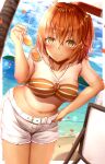  1girl absurdres belt bikini breasts brilliant_summer eyewear_removed fate/grand_order fate_(series) fujimaru_ritsuka_(female) hair_ornament hair_scrunchie highres holding holding_eyewear large_breasts navel o-ring o-ring_bikini o-ring_top official_alternate_costume one_side_up orange_bikini orange_eyes orange_hair orange_scrunchie ruri_rarako scrunchie shirt_tan short_shorts shorts solo striped striped_bikini sunglasses swimsuit tan tanlines toukan white_belt white_shorts 