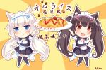  2girls :3 :d animal_ears apron arm_up azusa_(980650076) bangs bell black_hair black_legwear blue_eyes blunt_bangs cat_ears cat_girl cat_tail chibi chocola_(nekopara) commentary_request eyebrows_visible_through_hair food full_body lifted_by_self lifting long_hair looking_at_viewer low_twintails maid maid_apron maid_headdress multiple_girls nekopara omurice open_mouth orange_eyes plate short_sleeves sidelocks slit_pupils smile standing tail thighhighs translation_request twintails vanilla_(nekopara) white_hair zettai_ryouiki 