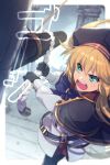  1girl artoria_pendragon_(caster)_(fate) artoria_pendragon_(fate) bangs belt beret black_gloves black_legwear blonde_hair blue_cape blue_headwear breasts buttons cape double-breasted dress echo_(circa) fate/grand_order fate_(series) gloves green_eyes hat hood hooded_cape long_hair long_sleeves multicolored multicolored_cape multicolored_clothes open_mouth pantyhose red_cape small_breasts solo twintails white_dress 