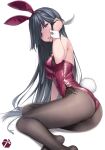  1girl alternate_costume animal_ears ass black_hair black_legwear blush bow bowtie breasts dated detached_collar eyebrows_visible_through_hair fake_animal_ears fake_tail hair_over_one_eye hand_in_hair hayashimo_(kancolle) highres kantai_collection leotard long_hair looking_at_viewer medium_breasts no_shoes pantyhose playboy_bunny purple_leotard rabbit_ears rabbit_tail red_leotard ribbon rokuwata_tomoe side-tie_leotard signature simple_background sitting solo strapless strapless_leotard tail twitter_username white_background wrist_cuffs yokozuwari 