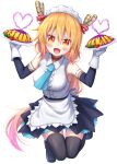  1girl :d black_legwear blonde_hair blush commentary_request dragon_girl dragon_horns eyebrows_visible_through_hair fang food full_body gloves hair_between_eyes heart highres holding holding_plate horns kobayashi-san_chi_no_maidragon long_hair looking_at_viewer maid_headdress omelet open_mouth orange_eyes plate pontasu revision simple_background slit_pupils smile solo thighhighs tohru_(maidragon) very_long_hair white_background white_gloves zettai_ryouiki 