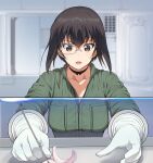  1girl :o a1 bangs black_choker black_hair black_legwear blurry blurry_background breasts brown_eyes check_commentary choker collarbone commentary_request container crossover fang girls_und_panzer glass gloves green_jumpsuit hair_between_eyes indoors jumpsuit kawashima_momo laboratory large_breasts life_(2017_film) lips long_sleeves looking_down lower_teeth monocle open_mouth parody partially_unzipped poking rubber_gloves semi-rimless_eyewear short_hair sidelocks solo standing tsurime under-rim_eyewear upper_body white_gloves zipper zipper_pull_tab 