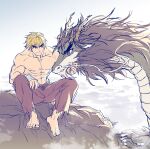  1boy abs absurdres animalization barefoot blonde_hair cliff cloud dragon forked_eyebrows full_body highres ken_masters looking_at_another male_focus muscular muscular_male navel nipples pectorals petting ryu_(street_fighter) shirtless short_hair sideburns smile stomach street_fighter thick_eyebrows yuiofire 