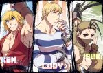  1girl 2boys armpits bandaged_hands bandages blonde_hair character_name cody_travers cuffs dougi forked_eyebrows grin handcuffs ibuki_(street_fighter) ken_masters male_cleavage mask mouth_mask multiple_boys muscular muscular_male ninja ninja_mask pectorals prison_clothes red_shirt shirt short_hair sideburns sidepec sleeveless sleeveless_shirt smile street_fighter thick_eyebrows upper_body yuiofire 