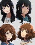  2girls absurdres bangs black_hair blue_sailor_collar brown_eyes closed_mouth grey_background hibike!_euphonium highres kitauji_high_school_uniform kousaka_reina long_hair looking_at_viewer multiple_girls multiple_views oone0206 open_mouth oumae_kumiko purple_eyes sailor_collar school_uniform serafuku short_hair simple_background smile upper_body white_sailor_collar 