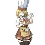  1girl :d apron bangs black_legwear blonde_hair blue_eyes brown_skirt bubba_(watson_amelia) chef chef_hat detective dog hair_between_eyes hair_ornament hat highres holding hololive hololive_english looking_at_viewer magnifying_glass monocle_hair_ornament morningpanda necktie open_mouth pastry_bag pocket_watch polo_shirt red_neckwear shirt short_hair skirt sleeves_rolled_up smile solo teeth thighhighs watch watson_amelia white_shirt 