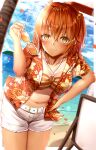  1girl absurdres belt bikini breasts brilliant_summer eyewear_removed fate/grand_order fate_(series) fujimaru_ritsuka_(female) hair_ornament hair_scrunchie hawaiian_shirt highres holding holding_eyewear large_breasts navel o-ring o-ring_bikini o-ring_top official_alternate_costume one_side_up open_clothes open_shirt orange_bikini orange_eyes orange_hair orange_scrunchie ruri_rarako scrunchie shirt shirt_tan short_shorts short_sleeves shorts solo striped striped_bikini sunglasses swimsuit tan tanlines toukan white_belt white_shorts 