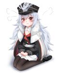  1girl azur_lane bangs black_footwear black_legwear blush brown_eyes coat commentary detached_collar english_commentary eyebrows_visible_through_hair fur-trimmed_coat fur_trim hair_between_eyes hat iron_cross keicyanyan long_hair long_sleeves looking_at_viewer pantyhose peaked_cap pleated_skirt pout shoes sidelocks silver_hair simple_background sitting skirt solo tearing_up v-shaped_eyebrows v_arms visible_air wariza white_background white_skirt zeppy_(azur_lane) 