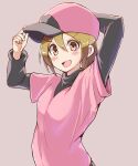 1girl :d absurdres adjusting_clothes adjusting_headwear arm_behind_head arms_up bangs baseball_cap blush_stickers breasts brown_eyes brown_hair commentary dress grey_headwear hair_between_eyes hand_on_headwear hat highres hirotaka_(hrtk990203) layered_clothing long_sleeves looking_at_viewer minna_no_rhythm_tengoku open_mouth pink_headwear pitcher_(rhythm_tengoku) rhythm_tengoku short_sleeves small_breasts smile solo turtleneck two-tone_headwear undershirt upper_body v-shaped_eyebrows 
