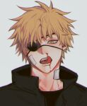  1boy blonde_hair blood chainsaw_man denji_(chainsaw_man) eyepatch grey_background highres hori_oi licking_blood looking_at_viewer male_focus nosebleed orange_eyes sharp_teeth shirt short_hair simple_background solo teeth tongue tongue_out upper_body 