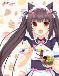  1girl :3 :d animal_ears apron azusa_(980650076) bangs bell black_hair blunt_bangs cape cat_ears cat_girl chocola_(nekopara) commentary_request eyebrows_visible_through_hair feeding food fruit grapes highres holding holding_spoon long_hair looking_at_viewer maid maid_apron maid_headdress name_tag nekopara open_mouth orange_eyes reaching_out short_sleeves sidelocks slit_pupils smile solo spoon twintails 