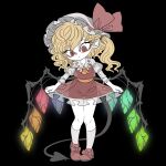  1girl ascot black_background blonde_hair bow flandre_scarlet frilled_shirt_collar frilled_skirt frilled_sleeves frills hat hat_bow laevatein_(tail) long_sleeves medium_hair mob_cap one_side_up puffy_sleeves red_bow red_eyes red_footwear red_shirt see-through_silhouette shirt shoes simple_background skirt slit_pupils socks solo tail touhou white_headwear wings yellow_neckwear yt_(wai-tei) 