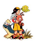  1boy backwards_hat baseball_cap brown_eyes closed_mouth commentary_request ethan_(pokemon) gen_2_pokemon grass hat highres holding holding_pokemon jacket knees long_sleeves looking_to_the_side male_focus panmimi pokemon pokemon_(creature) pokemon_(game) pokemon_gsc quilava red_footwear red_jacket sentret shoes shorts skiploom smile standing togepi white_background wooper yellow_shorts 