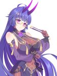  1girl absurdres antenna_hair arm_under_breasts bangs bare_shoulders breasts china_dress chinese_clothes chopsticks cleavage dress glasses hair_between_eyes hair_ornament highres holding holding_chopsticks honkai_(series) honkai_impact_3rd horns long_hair open_mouth phantom_racher purple_dress purple_eyes purple_hair purple_sleeves raiden_mei raiden_mei_(herrscher_of_thunder) sleeveless sleeveless_dress solo teeth white_background 