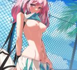  1girl alternate_breast_size azur_lane bag blue_sky blush breasts breasts_outside bremerton_(azur_lane) bremerton_(scorching-hot_training)_(azur_lane) chain-link_fence closed_mouth clothes_in_mouth clothes_lift clothes_pull cloud cloudy_sky colored_pubic_hair commentary cowboy_shot day embarrassed eyebrows_visible_through_hair eyelashes female_pubic_hair fence flashing furrowed_brow groin highres kibawa lifted_by_self looking_away looking_to_the_side medium_breasts medium_hair miniskirt mole mole_under_eye mouth_hold multicolored_hair navel nipples no_bra official_alternate_costume outdoors palm_tree pink_eyes pink_hair pink_pubic_hair pleated_skirt pubic_hair pulled_by_self shirt_in_mouth shirt_lift shoulder_bag silver_hair skirt skirt_pull sky sleeveless solo standing stomach streaked_hair sunlight sweat tank_top toned tree twintails two-tone_hair white_tank_top wristband 
