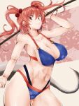  1girl bikini blue_bikini bracelet breasts cleavage coin coin_on_string flower hair_bobbles hair_ornament highres holding holding_scythe jewelry jyaoh0731 looking_at_viewer medium_breasts midriff navel onozuka_komachi red_bikini red_eyes red_hair scythe short_hair smile spider_lily swimsuit touhou two_side_up 