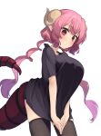  1girl bangs black_legwear blunt_bangs blush breasts closed_mouth dragon_girl dragon_horns dragon_tail eyebrows_visible_through_hair highres horns huge_breasts ilulu_(maidragon) kobayashi-san_chi_no_maidragon long_hair looking_down low_twintails pink_hair pointy_ears red_eyes simple_background solo soya_(torga) tail thighhighs twintails white_background 