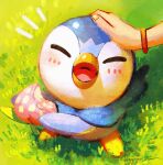  1girl berry_(pokemon) blush closed_eyes commentary_request dawn_(pokemon) day grass happy headpat highres holding hscatter notice_lines open_mouth outdoors pecha_berry piplup pokemon pokemon_(creature) pokemon_(game) pokemon_dppt signature standing tongue 