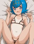  1girl alternate_costume bangs bed_sheet blue_eyes blue_hair blush_stickers bright_pupils clitoris_peek collarbone commentary_request eyelashes from_above hairband hands_up highres lana_(pokemon) looking_at_viewer lying navel no_sclera on_back open_mouth pokemon pokemon_(game) pokemon_sm sheet_grab short_hair smile solo spread_legs tamaya tan tanlines tongue white_pupils yellow_hairband 