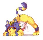  1girl animal_crossing animal_ears ankha_(animal_crossing) ass bandages blue_fur blue_hair body_fur cat_ears cat_girl cat_tail colored_skin egyptian egyptian_clothes full_body furry furry_female hair_ornament hanaarts jack-o&#039;_challenge looking_at_viewer snake_hair_ornament solo striped_tail tail tongue tongue_out top-down_bottom-up yellow_fur yellow_skin 