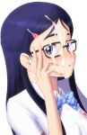  1girl black-framed_eyewear blue_eyes blue_hair blue_neckwear blush bonnie_(rsg) bow bowtie collared_shirt cum cum_on_eyewear cum_on_hair diagonal_stripes facial futari_wa_precure glasses hair_ornament hairclip heart heart_hair_ornament long_hair open_mouth precure school_uniform shiny shiny_hair shirt short_sleeves simple_background solo striped striped_bow striped_neckwear upper_body verone_gakuin_school_uniform white_background white_shirt wing_collar yukishiro_honoka 