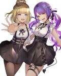  2girls :d black_legwear black_skirt blonde_hair bubba_(watson_amelia) cowboy_shot demon_tail frilled_shirt frills high-waist_skirt highres hololive hololive_english karanashi_noma looking_at_viewer meme_attire multiple_girls open_mouth pantyhose purple_hair shirt simple_background skirt smile suspender_skirt suspenders tail tokoyami_towa virgin_killer_outfit virtual_youtuber watson_amelia white_background white_shirt 