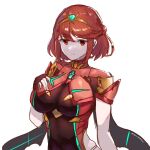 1girl bangs breasts cleavage closed_mouth hand_on_own_chest highres looking_at_viewer mutomorokoshi pyra_(xenoblade) red_eyes red_hair short_hair short_sleeves simple_background sketch smile solo tiara white_background xenoblade_chronicles_(series) xenoblade_chronicles_2 