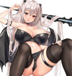  1girl absurdres arm_strap arm_up bangs black_bra black_choker black_legwear black_panties bra breasts choker demon_girl demon_horns demon_wings eyebrows_visible_through_hair hair_between_eyes hand_on_own_thigh highres horns large_breasts lillly long_hair looking_at_viewer md5_mismatch navel original panties parted_lips red_eyes resolution_mismatch silver_hair simple_background skindentation solo stomach thigh_strap thighhighs underwear very_long_hair white_background white_hair wings 