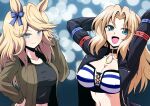  2girls :d animal_ears arms_behind_head arms_up bangs black_choker black_jacket black_shirt blonde_hair blue_eyes blue_shirt breasts brown_jacket choker cleavage closed_mouth cosplay costume_switch crop_top girls_und_panzer gold_city_(umamusume) hand_in_hair hand_on_hip highres horse_ears horse_girl jacket kamishima_kanon kay_(girls_und_panzer) large_breasts long_hair long_sleeves looking_at_viewer midriff military military_uniform multiple_girls navel open_clothes open_jacket open_mouth saunders_military_uniform shirt side-by-side smile standing striped striped_shirt umamusume uniform 