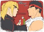  2boys blonde_hair chinese_text couple dougi eye_contact food forked_eyebrows from_side headband highres imminent_kiss ken_masters looking_at_another male_focus mature_male mouth_hold multiple_boys muscular muscular_male pocky pocky_day ryu_(street_fighter) shirt short_hair sideburns street_fighter sweatdrop thick_eyebrows torn_clothes torn_shirt translation_request yaoi yuiofire 