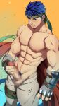  1boy abs alternate_pectoral_size bara blue_hair blush cape censored clothes_pull erection feet_out_of_frame fire_emblem from_above highres ike_(fire_emblem) large_pectorals long_sideburns male_focus male_masturbation male_pubic_hair masturbation mazjojo mosaic_censoring muscular muscular_male navel navel_hair nipples older pants pants_pull pectorals penis pubic_hair red_cape reward_available shirtless short_hair sideburns solo stomach sweat thighs tight tight_pants veins white_pants 