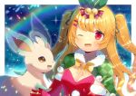  1girl :d ;d argyle argyle_cape azur_lane bangs bell blonde_hair blush bow breasts brown_eyes cape cleavage closed_mouth commission crossover dress elbow_gloves eyebrows_visible_through_hair fang fur-trimmed_cape fur-trimmed_gloves fur_trim gen_4_pokemon gloves green_cape green_ribbon hair_bell hair_bow hair_ornament hair_ribbon jenkins_(azur_lane) jenkins_(light_of_the_holiest_star)_(azur_lane) jingle_bell kou_hiyoyo leafeon lens_flare long_hair looking_at_viewer one_eye_closed open_mouth pokemon red_bow red_dress red_eyes red_gloves ribbon skeb_commission small_breasts smile sparkle striped striped_bow two_side_up very_long_hair yellow_bow 