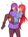  2girls absurdres ahoge aucean-el badeline blue_jacket brown_footwear brown_legwear carrying celeste_(video_game) chinese_commentary closed_eyes commentary_request facing_another flying_sweatdrops heart highres jacket long_hair long_sleeves madeline_(celeste) multiple_girls princess_carry profile purple_hair purple_jacket red_eyes red_hair selfcest smile sweat very_long_hair white_background yuri 
