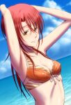  1girl armpits arms_up bikini blue_sky bonnie_(rsg) breasts cleavage closed_mouth cloud collarbone covered_nipples day dutch_angle front-tie_bikini front-tie_top hair_between_eyes hair_intakes halterneck hino_kahoko la_corda_d&#039;oro long_hair ocean outdoors red_hair ribbon shiny shiny_hair sky small_breasts smile solo straight_hair swimsuit upper_body white_ribbon yellow_eyes 