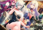 3girls black_bow black_dress bow braid collarbone crossed_legs detached_sleeves dress eyebrows_visible_through_hair fairy_knight_lancelot_(fate) fairy_knight_tristan_(fate) fate/grand_order fate_(series) french_braid grey_eyes hair_bow light_blue_eyes long_hair morgan_le_fay_(fate) mother_and_daughter multiple_girls platinum_blonde_hair pointy_ears poligon_(046) ponytail red_dress short_dress sidelocks sitting smile white_hair yellow_eyes 