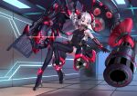  1girl absurdres armpits bangs bare_shoulders black_footwear black_gloves black_leotard boots bronya_zaychik bronya_zaychik_(black_nucleus) drill_hair elbow_gloves floating floor full_body gloves grey_hair hair_between_eyes hair_ornament highres honkai_(series) honkai_impact_3rd indoors leotard looking_to_the_side pale_skin project_bunny red_eyes smile solo thigh_boots thighhighs twin_drills ying_fa 