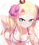  1girl absurdres alternate_breast_size angry beatrice_(re:zero) bikini blonde_hair blue_eyes blush breasts cleavage commission crown hand_on_hip highres izulizuru large_breasts leaning_forward long_hair looking_at_viewer mini_crown older pointing pointing_at_viewer pout re:zero_kara_hajimeru_isekai_seikatsu second-party_source shiny shiny_hair shiny_skin sidelocks solo swimsuit symbol-shaped_pupils tied_hair twintails water wet 