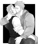  2boys absurdres ass_grab atiskw bara beard belt black_vest commission couple facial_hair fate/grand_order fate_(series) goatee grabbing_another&#039;s_ass greyscale groping hand_on_another&#039;s_ass hand_on_another&#039;s_face highres iskandar_(fate) jacket kiss long_sideburns long_sleeves male_focus mature_male monochrome multiple_boys muscular muscular_male napoleon_bonaparte_(fate) official_alternate_costume open_clothes open_jacket pants scarf second-party_source short_hair sideburns sleeves_rolled_up tight tight_pants vest yaoi 