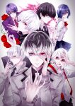  1girl 6+boys arima_kishou awara_kayu bangs black_hair black_shirt blue_hair blue_skirt closed_eyes collared_shirt colored_skin commentary_request flower glasses grey_background grey_hair grey_jacket grey_skin hair_over_one_eye hands_up heterochromia highres jacket kaneki_ken kirishima_touka large_hands looking_at_viewer male_focus multiple_boys multiple_persona necktie pale_skin pleated_skirt purple_jacket red_eyes red_flower red_rose rose sasaki_haise school_uniform shiny shiny_hair shirt short_hair skirt stitches striped striped_jacket suzuya_juuzou tokyo_ghoul tokyo_ghoul:re tongue tongue_out tsukiyama_shuu white_hair white_neckwear 