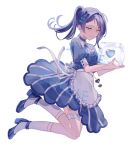  1girl aiba_uiha apron ascot bangs blue_bow blue_choker blue_eyes blue_footwear bow choker hair_behind_ear hair_bow high_heels highres ice ice_cube looking_down maid_apron nijisanji ponytail puffy_sleeves sample smile solo towor_n virtual_youtuber watermark white_neckwear 