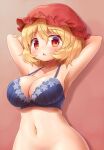  1girl :o aki_minoriko arinu armpits arms_behind_head arms_up bangs blonde_hair blue_bra blush bra breasts chestnut_mouth cleavage collarbone commentary_request eyebrows_visible_through_hair hair_between_eyes hat highres large_breasts looking_at_viewer mob_cap navel parted_lips red_eyes red_headwear short_hair solo touhou underwear upper_body 