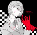  1boy adjusting_clothes adjusting_gloves awara_kayu bangs black_background blood bow bowtie collared_shirt commentary_request copyright_name from_side furuta_nimura gloves hands_up jacket long_sleeves looking_at_viewer number red_gloves shirt solo spoilers spot_color tokyo_ghoul tokyo_ghoul:re white_background 
