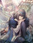  bangs black_gloves black_hair blue_eyes butterfly_wings cape cloak closed_mouth coat crown csyday diamond_hairband eyebrows_visible_through_hair fate/grand_order fate_(series) fur-trimmed_jacket fur_trim gloves grey_hair hair_between_eyes hand_on_own_knee jacket looking_at_viewer medium_hair multiple_persona oberon_(fate) pants shiny short_hair single_glove sitting smile spoilers wings 