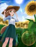  1girl absurdres akinakesu-chan animal_ears arms_up blonde_hair blue_sky blurry blurry_background blush breasts brown_headwear closed_mouth cloud collared_shirt commentary_request day depth_of_field dress_shirt field flower flower_field green_eyes green_skirt hands_on_headwear hat highres long_hair long_sleeves looking_at_viewer original outdoors shirt skirt sky small_breasts smile solo standing straw_hat sunflower tail white_shirt yellow_flower 