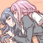  2girls artist_name behind_another blue_hair blush braid long_hair lying magia_record:_mahou_shoujo_madoka_magica_gaiden mahou_shoujo_madoka_magica multiple_girls nanami_yachiyo on_side open_mouth pink_hair school_uniform studiozombie yuri 